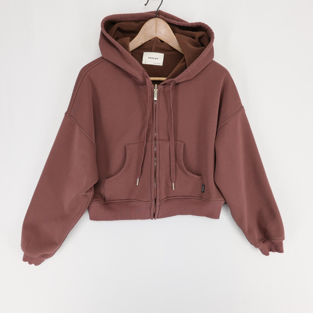 SUPESU Cubby Hoodie Womens 2 Brown Cropped Full Zip Fleece Lined Drop Shoulder